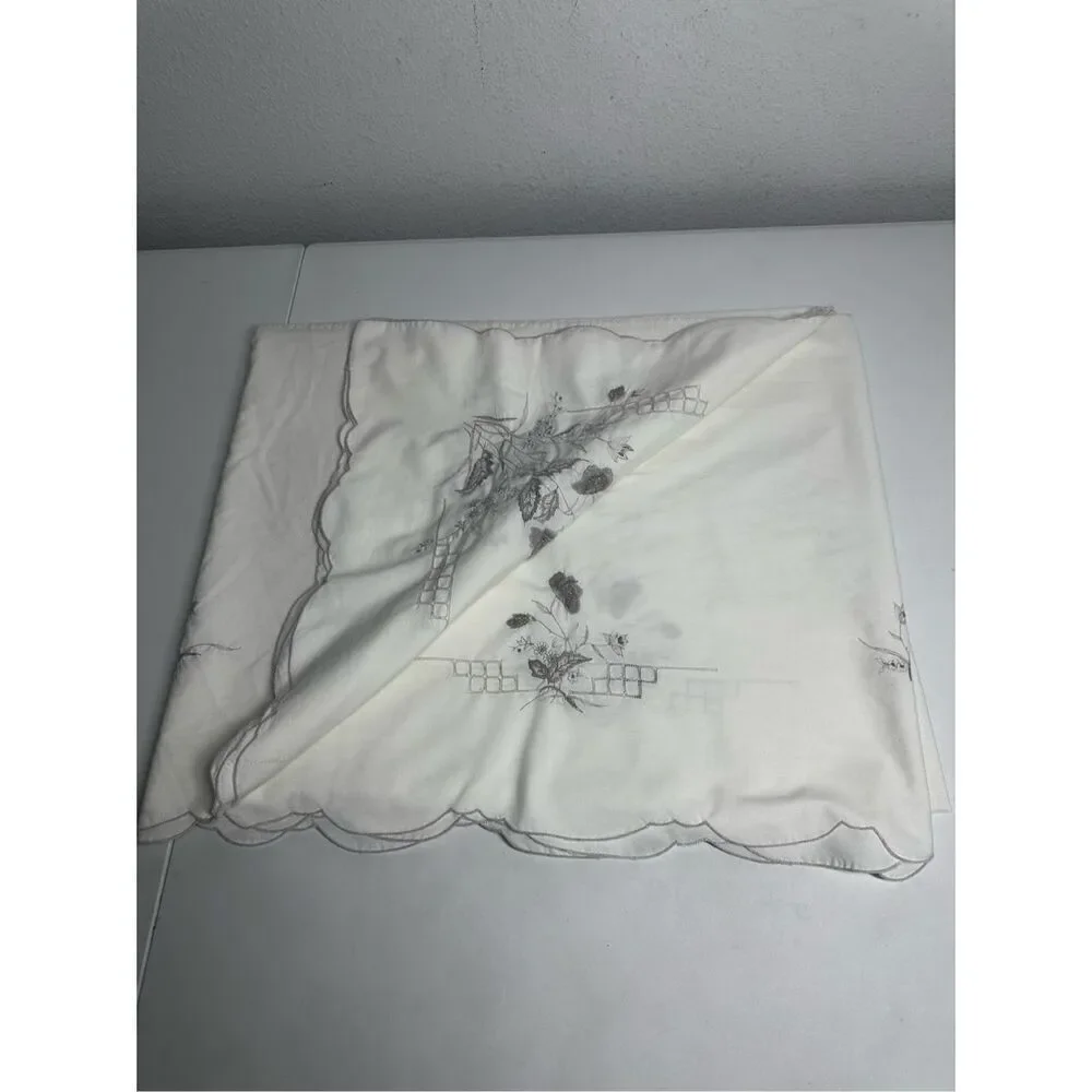 Vintage Embroidered Tablecloth White Gray Size 80” X 68” See Description